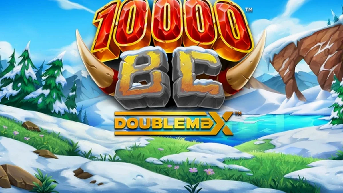Cenário de montanhas nevadas e símbolos pré-históricos no slot 10000 BC DoubleMax