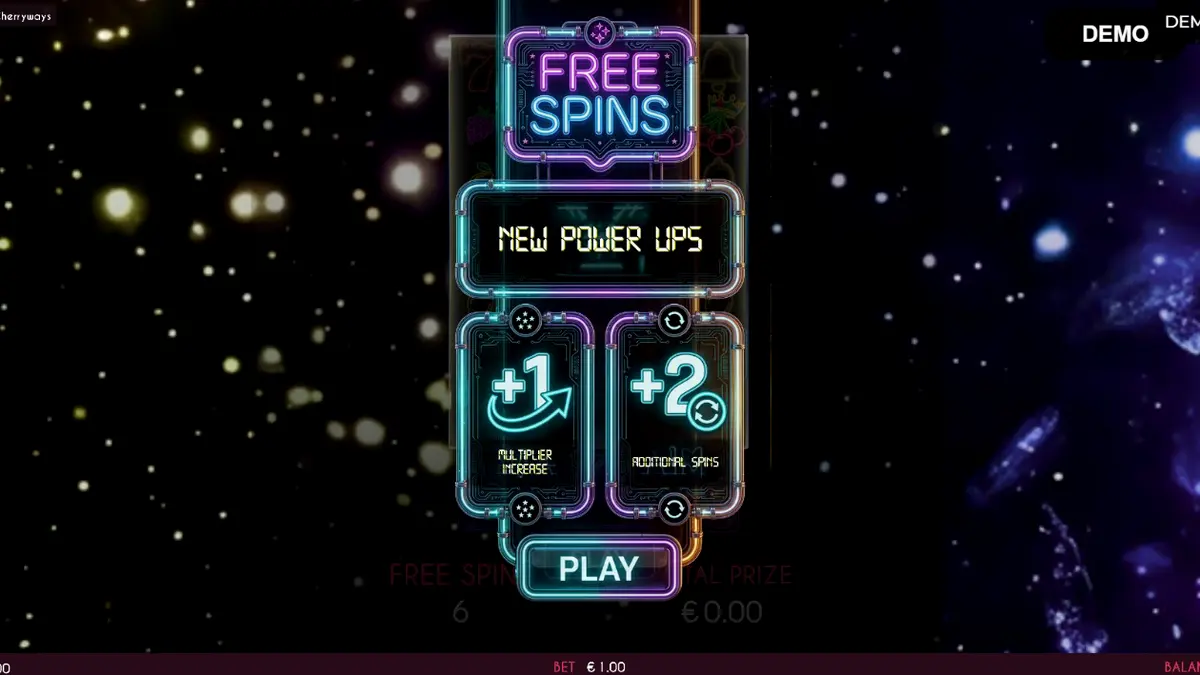 Interface vibrante e neon do slot Turbo Fortune Cherryways com símbolos de frutas brilhantes